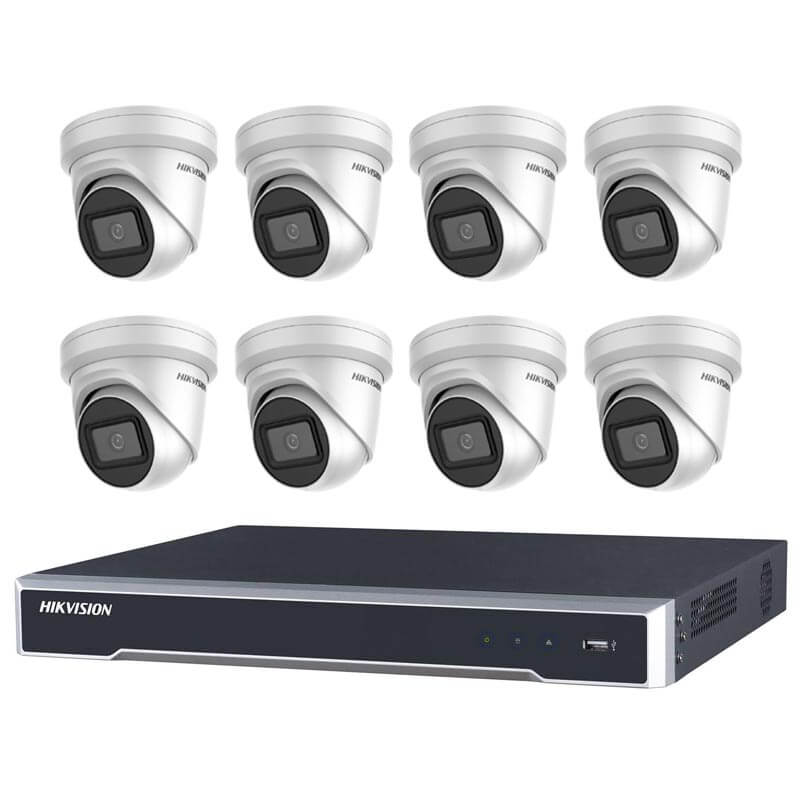 8 Hikvision 8MP IR Fixed Turret (DS-2CD2385G1-I) with 8Ch NVR (7608NI-I2-8P-3TB) and 3TB HDD